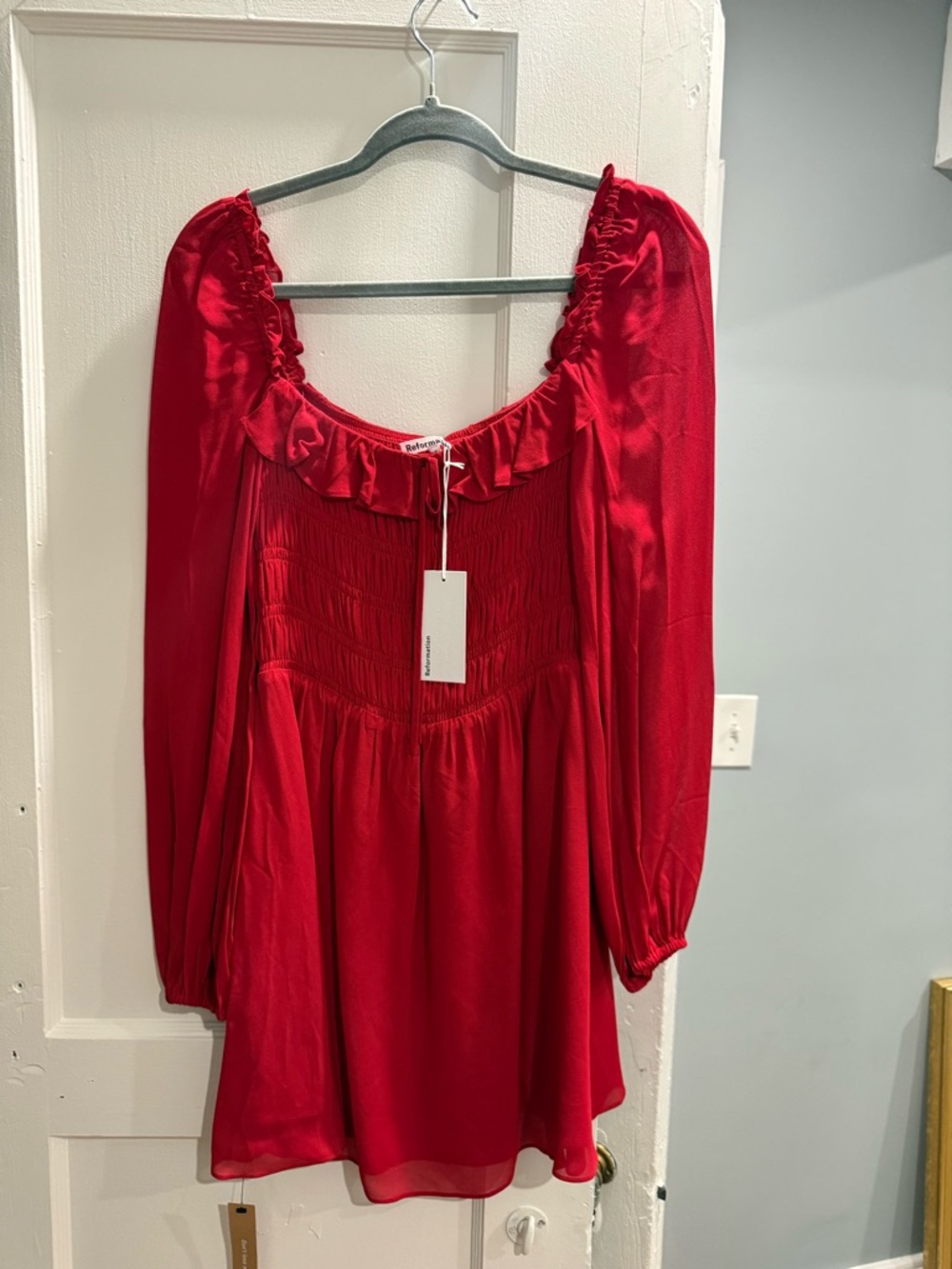 Reformation Red Long-Sleeve Ruffle Neck Women’s Dress